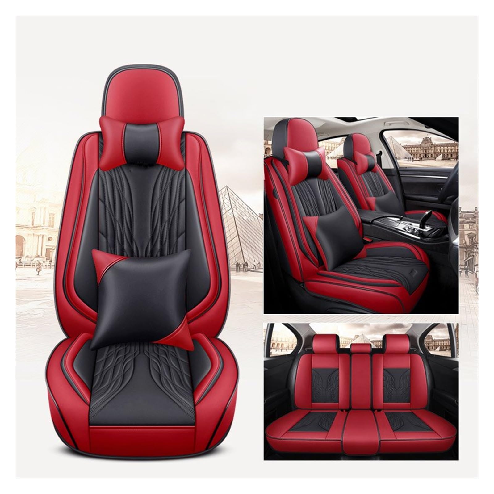 VBVGMZAS Auto Sitzbezüge Universal Autositzbezug Komplettset für Serie 1 E87 F31 Damen Niedlich Schwarz Rot Leder Sitzbezüge Auto(9 PCS 2) von VBVGMZAS