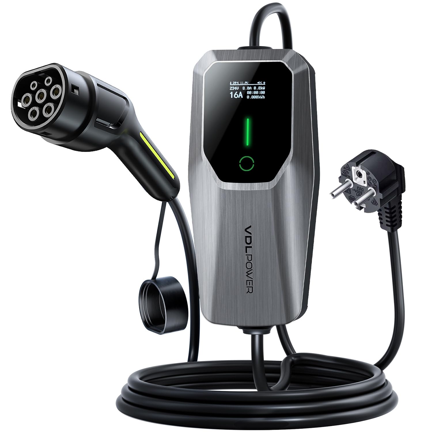 VDLPOWEREU Ladekabel Typ 2, 3.6KW /5M Ladekabel Elektroauto, 6A-16A LED-Anzeige Tragbare EV Ladegerät, Typ 2 Ladekabel für Elektrofahrzeuge mit Einphasigem EU-Schuko, IP65(Norm IEC 62196-2) von VDLPOWEREU