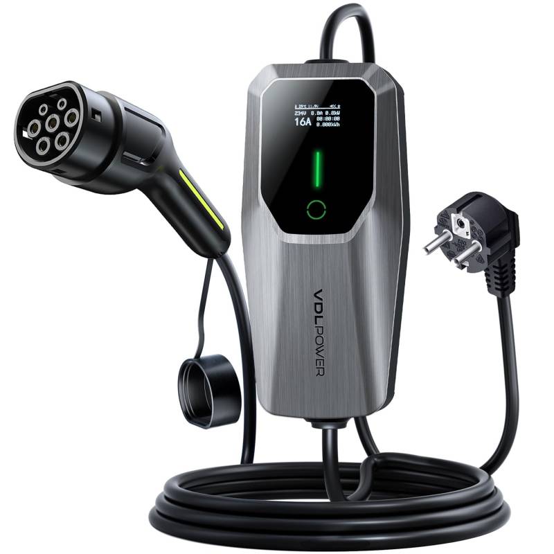 VDLPOWEREU Ladekabel Typ 2, 3.6KW /5M Ladekabel Elektroauto, 6A-16A LED-Anzeige Tragbare EV Ladegerät, Typ 2 Ladekabel für Elektrofahrzeuge mit Einphasigem EU-Schuko, IP65(Norm IEC 62196-2) von VDLPOWEREU