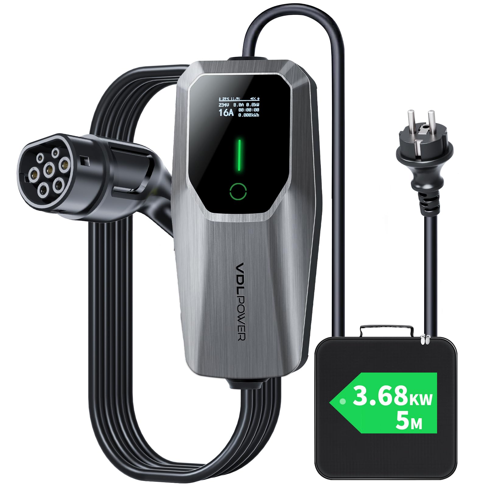 VDLPOWEREU Typ 2 Ladekabel, 3.6KW Ladekabel Elektroauto Typ 2 mit Schuko, 5M 16A Tragbare EV Ladegerät, Ladekabel EV Auto, IP65 (IEC 62196-2)，Kompatibel mit MG4, Peugeot, Tesla, e-208 von VDLPOWEREU