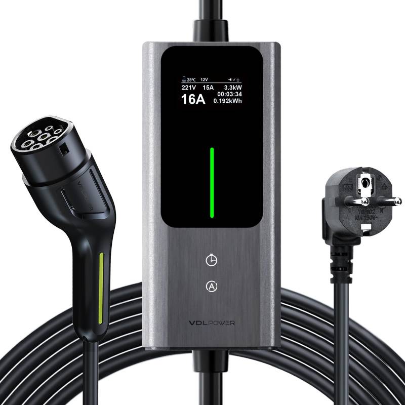 VDLPOWEREU Typ 2 Ladekabel Schuko 3,68kW | 6-16A | 5M, 1-phasig EV Ladegerät Typ 2 Schuko mit Steuerbarer Digitalanzeige, E Auto Ladekabel Typ 2 Schuko IP65 für Elektroautos IEC 62196-2 PHEV/EV von VDLPOWEREU
