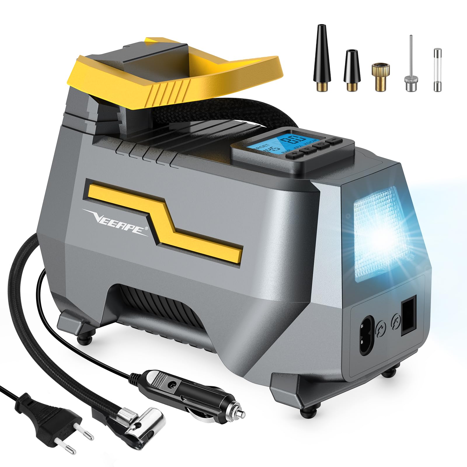 VEEAPE 230V 12V Luftkompressor AC DC Dual Power für Auto Fahrrad Motorrad Reifen Bälle, Max. 150PSI / 10.3bar, Digitaler Kompressor mit LED Licht, Adapter Kit, Presta Ventil, Kabel VEEAPE 230V 12V Luftkompressor AC DC Dual Power für Auto Fahrrad Motorrad Reifen Bälle, Max. 150PSI / 10.3bar, Digitaler Kompressor mit LED Licht, Adapter Kit, Presta Ventil, Kabel von VEEAPE