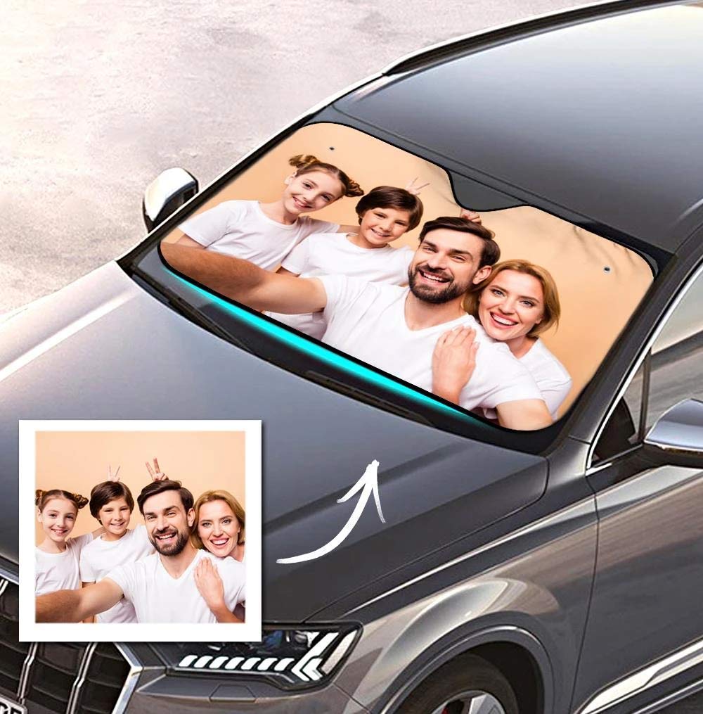 Personalisierte Frontscheibenabdeckung mit Foto Visierschutz Scheibenfrostschutz gegen Sonnen Schnee EIS Frost Universell für Autos SUV Winter Sommer Lustiges Geschenk 70 x 130 cm von VEELU