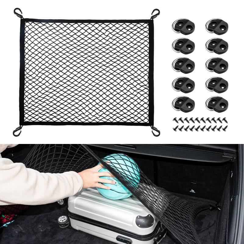 VEHIRIE Gepäcknetz Auto Kofferraumnetz, 80 x 60 cm Universal Auto Netz, Super Elastisch Kofferraum Netz Organizer, Gepäckschutznetz mit 4 massiven Haken und 10 Stück D Aufbauring Zurröse von VEHIRIE