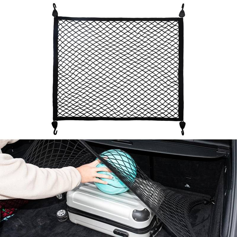 VEHIRIE Kofferraumnetz Gepäcknetz Auto, 80x60cm Erstreckt Sich auf 180x120cm, Universal Auto Netz mit 4 massiven Haken, Super Elastisch Kofferraum Netz Organizer, Gepäckschutznetz von VEHIRIE