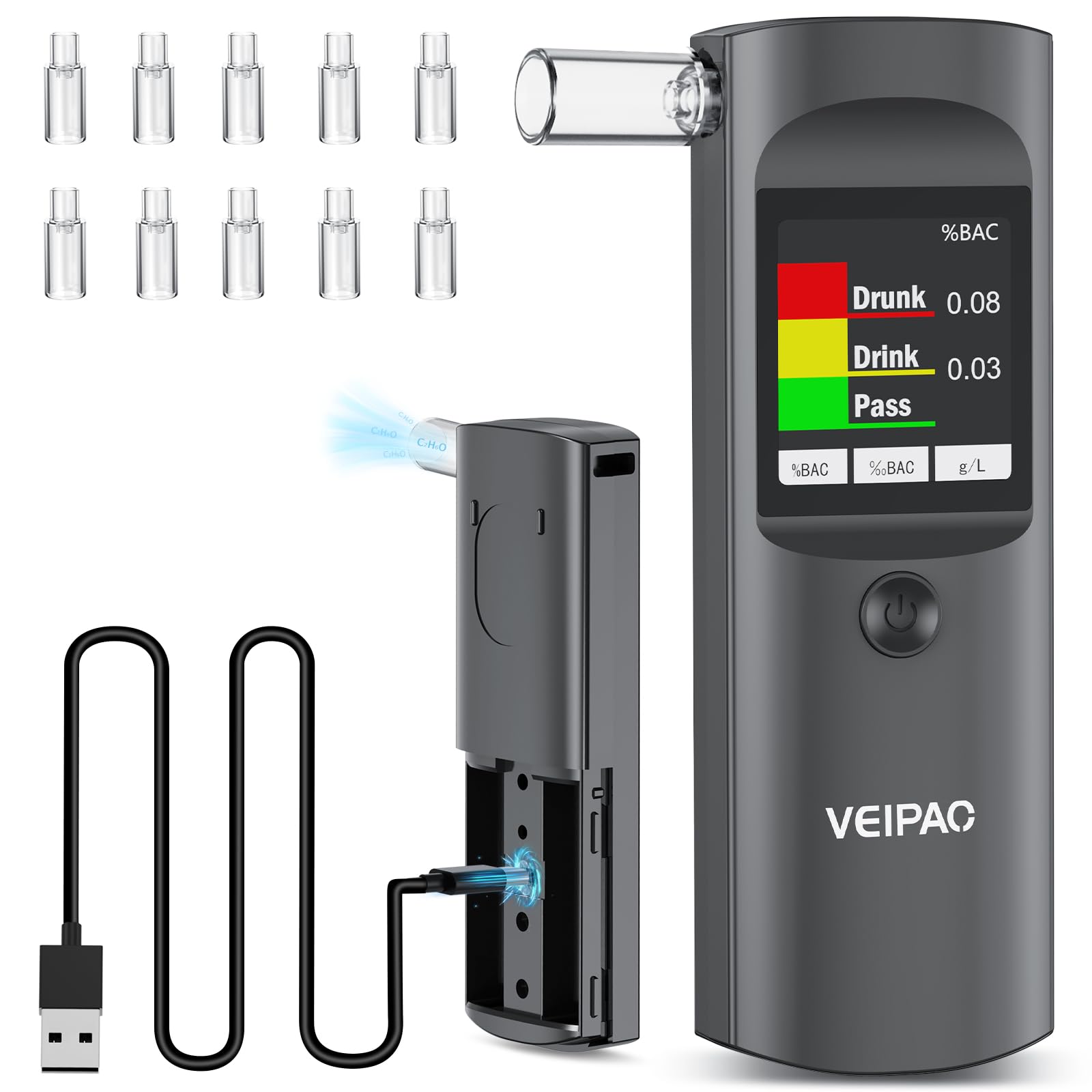 Alkoholtester Polizeigenau Alkoholtest Promillemessgerät: Tragbarer Alcohol Tester Promilletester mit 11 Mundstücken - LCD Digitaler Alkotester Hohe Genauigkeit für Persönlichen Gebrauch Sensor - Grau Alkoholtester Polizeigenau Alkoholtest Promillemessgerät: Tragbarer Alcohol Tester Promilletester mit 11 Mundstücken - LCD Digitaler Alkotester Hohe Genauigkeit für Persönlichen Gebrauch Sensor - Grau von VEIPAO