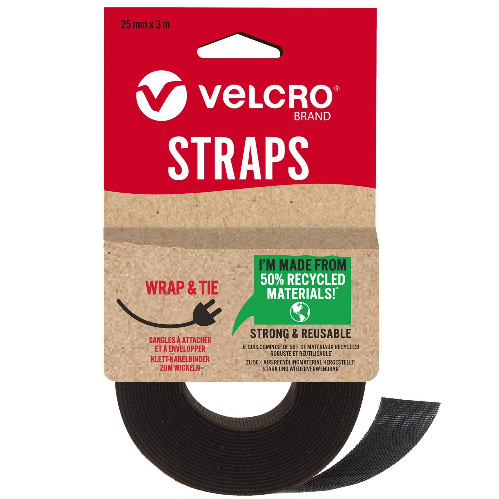 Velcro Marke | Eco One-Wrap Wiederverwendbare Gurte, wiederverwendbar, flexibel und vielseitig, Allzweckbänder für Heimwerker, schwarz, 25 mm x 3 m von VELCRO Brand