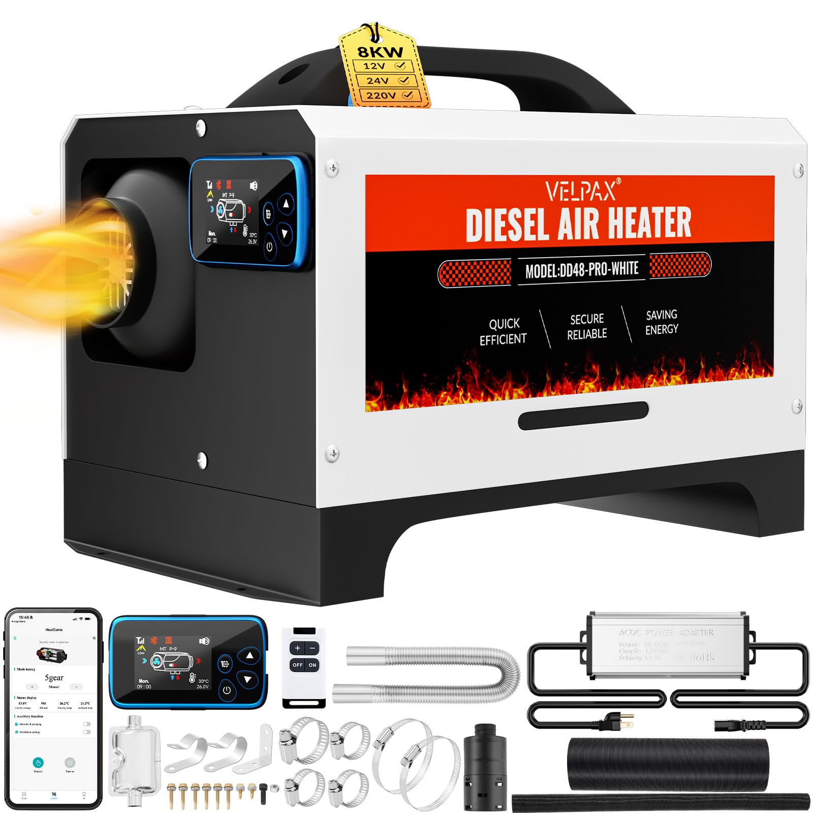 VELPAX Diesel Air Heater All in One 8 kW Diesel Heater with Remote Control & LCD Switch Display 12 V & 24 V & 110-240 V Bluetooth App Quick Heating for Motorhome, Car Trailersts VELPAX Diesel Air Heater All in One 8 kW Diesel Heater with Remote Control & LCD Switch Display 12 V & 24 V & 110-240 V Bluetooth App Quick Heating for Motorhome, Car Trailersts von VELPAX