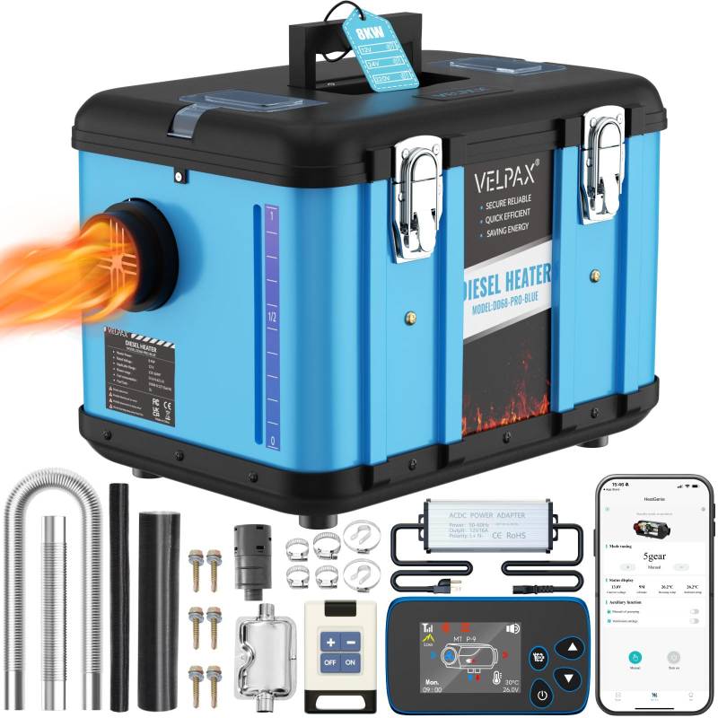 VELPAX Diesel Luftheizung All in One 8KW Dieselheizung,mit Fernbedienung & LCD-Schalterdisplay 12V & 24V & 110-220V Bluetooth APP Schnelles Aufheizen, für Wohnmobil, Autoanhänger von VELPAX