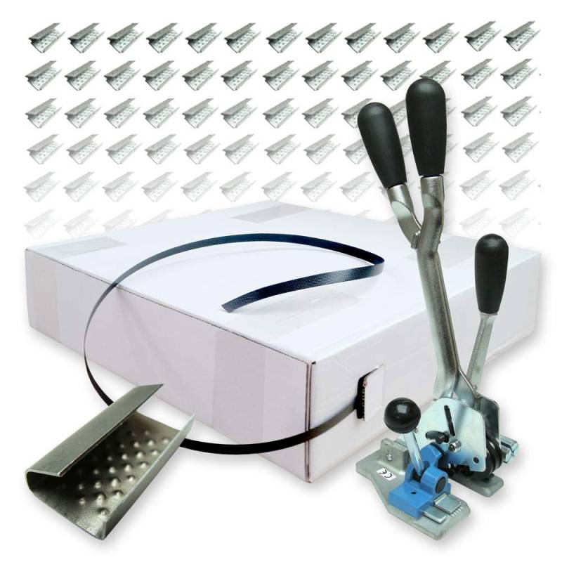 Spenderkarton-Set 16 mm - 1000 m PP-Umreifungsband, reißfest bis 200 kg mit Spann- und Verschlussgerät und 500 Verschlusshülsen von VEMATEC