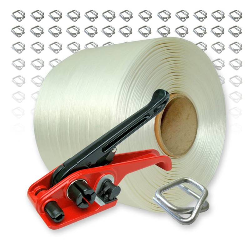Umreifungsset - 16 mm Umreifungsband 340 m + Spanngerät + 200 Verschlussklemmen von VEMATEC