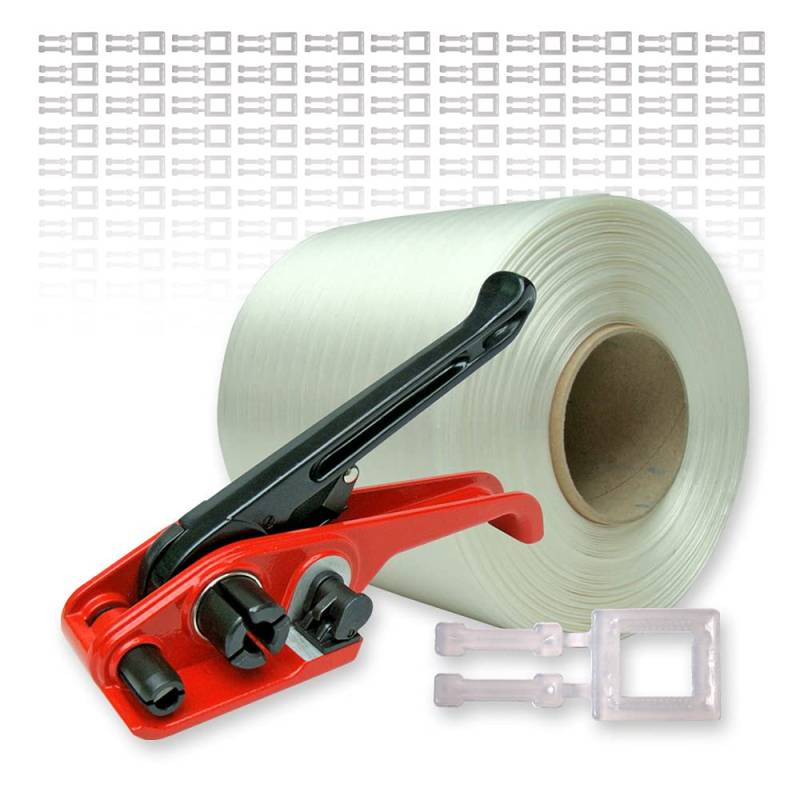VEMATEC Umreifungsset 9 mm mit Spanngerät, 500 m Polyester-Textilumreifungsband und 250 Verschlussschnallen für PKW, LKW und mehr von VEMATEC