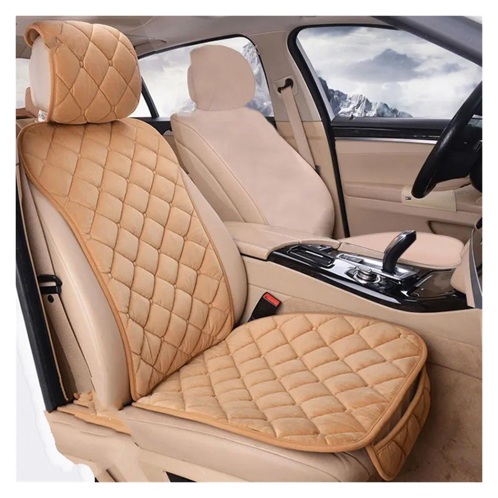 Universal Auto Vorne Hinten Sitz Kissen Pad Warme Plüsch Autos Sitzbezüge Matte Auto Sitzbezüge Schutz Set Autositzbezug(Front Khaki) von VETJMUA