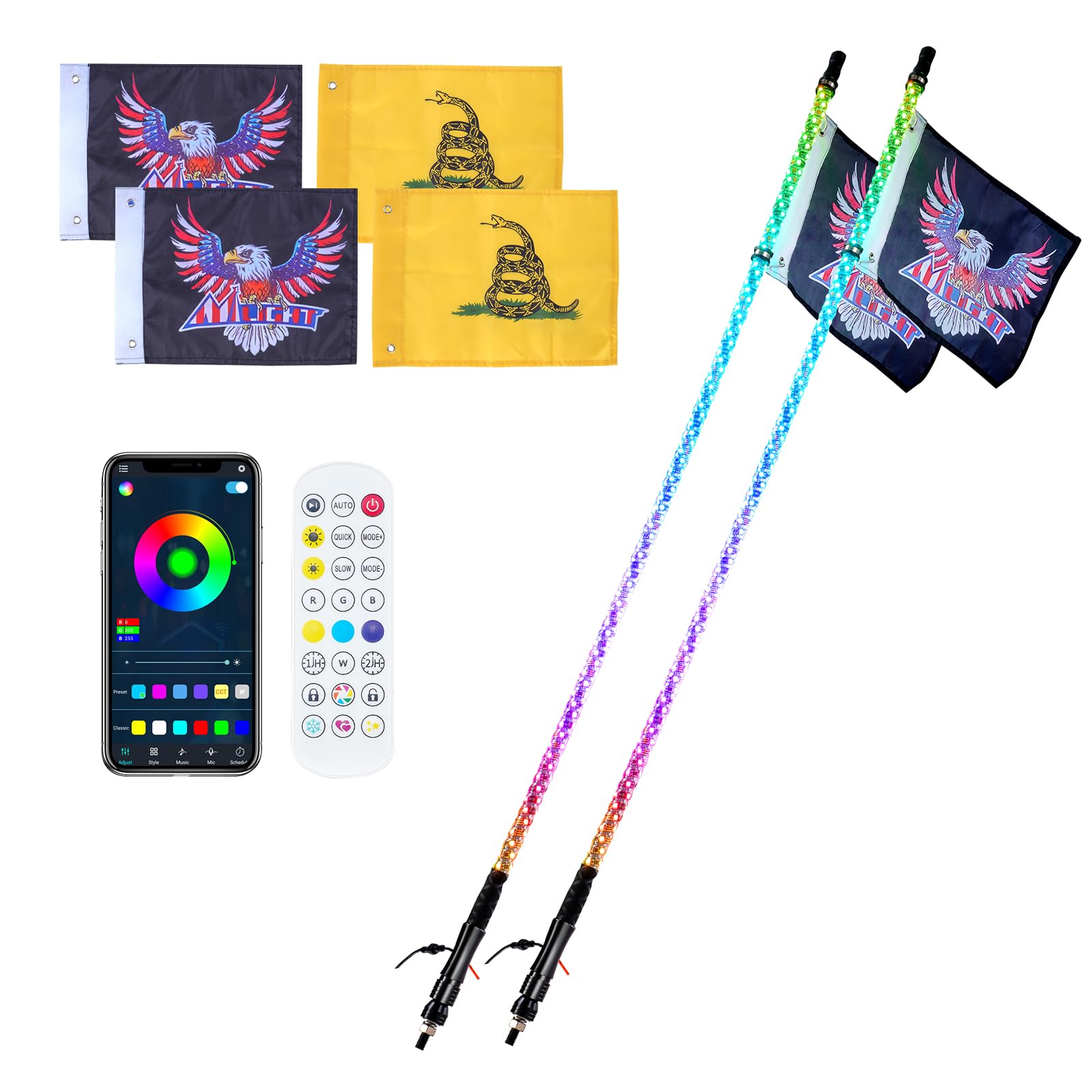 VEVOR 2 STK. Peitschenlicht, LED-Peitschenlicht mit APP- und RF-Fernbedienung, 121,92 cm wasserdichte 360°-Spiral-RGB-Peitschen mit Beleuchtung und 4 Flaggen, für UTVs, ATVs, Motorräder VEVOR 2 STK. Peitschenlicht, LED-Peitschenlicht mit APP- und RF-Fernbedienung, 121,92 cm wasserdichte 360°-Spiral-RGB-Peitschen mit Beleuchtung und 4 Flaggen, für UTVs, ATVs, Motorräder von VEVOR