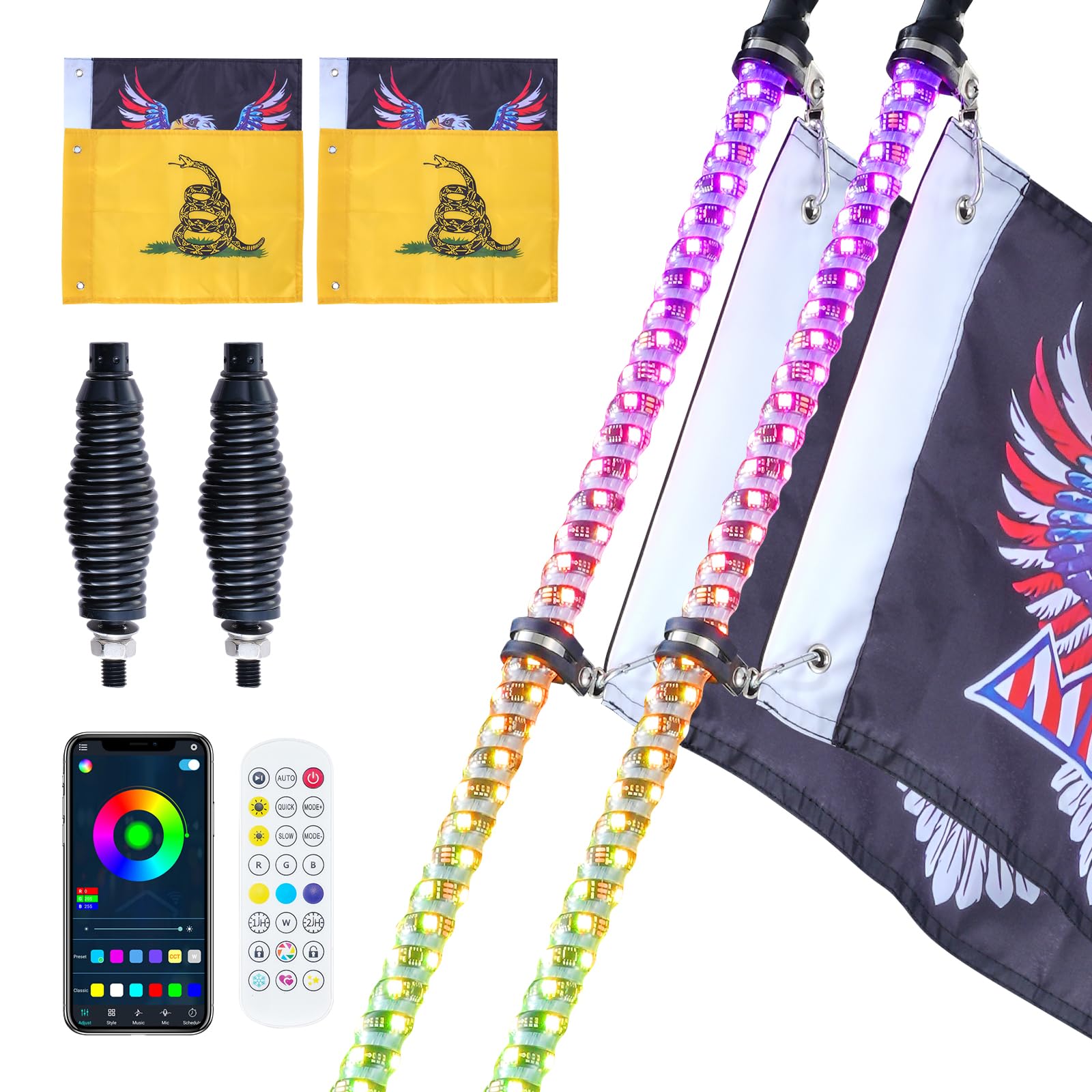 VEVOR 2 Stück Peitschenlicht mit Federbasis, LED-Peitschenlicht mit APP und Fernbedienung, Wasserdichte 360°-Spiral-RGB-Verfolgungslichtpeitsche mit 2 Flaggen, 914,4 mm LED Peitsche Licht UTVs, ATVs VEVOR 2 Stück Peitschenlicht mit Federbasis, LED-Peitschenlicht mit APP und Fernbedienung, Wasserdichte 360°-Spiral-RGB-Verfolgungslichtpeitsche mit 2 Flaggen, 914,4 mm LED Peitsche Licht UTVs, ATVs von VEVOR