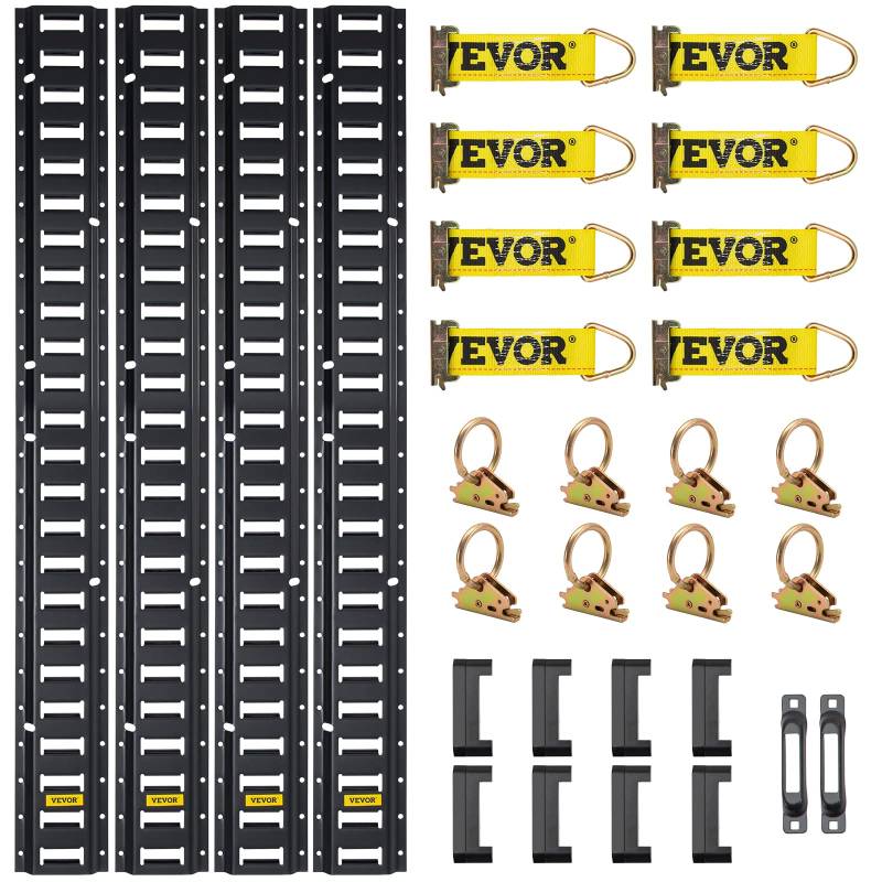 VEVOR E-Track Spannschienen-Set, 30-teilig, 1,5 m, E-Schienen-Set, enthält 4 Stahlschienen und 2 einzelne Schlitze, 8 O-Ringe und 8 Spanngurte mit D-Ring und 8 Endkappen, Sicherungszubehör für Ladung von VEVOR