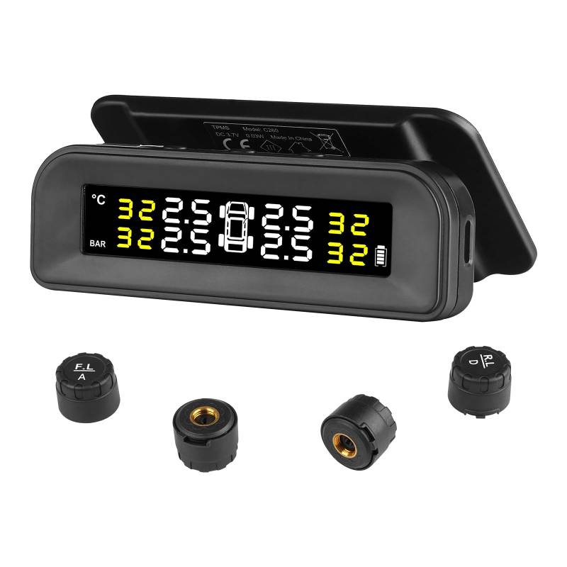 VEVOR Reifendruckkontrollsystem für Wohnmobile, 7,3–87 psi Anhänger-TPMS, universelles kabelloses Autoalarmsystem, wasserdichtes TPMS-Sensorset mit Solarladung 4 Sensoren 5 Alarmmodi von VEVOR