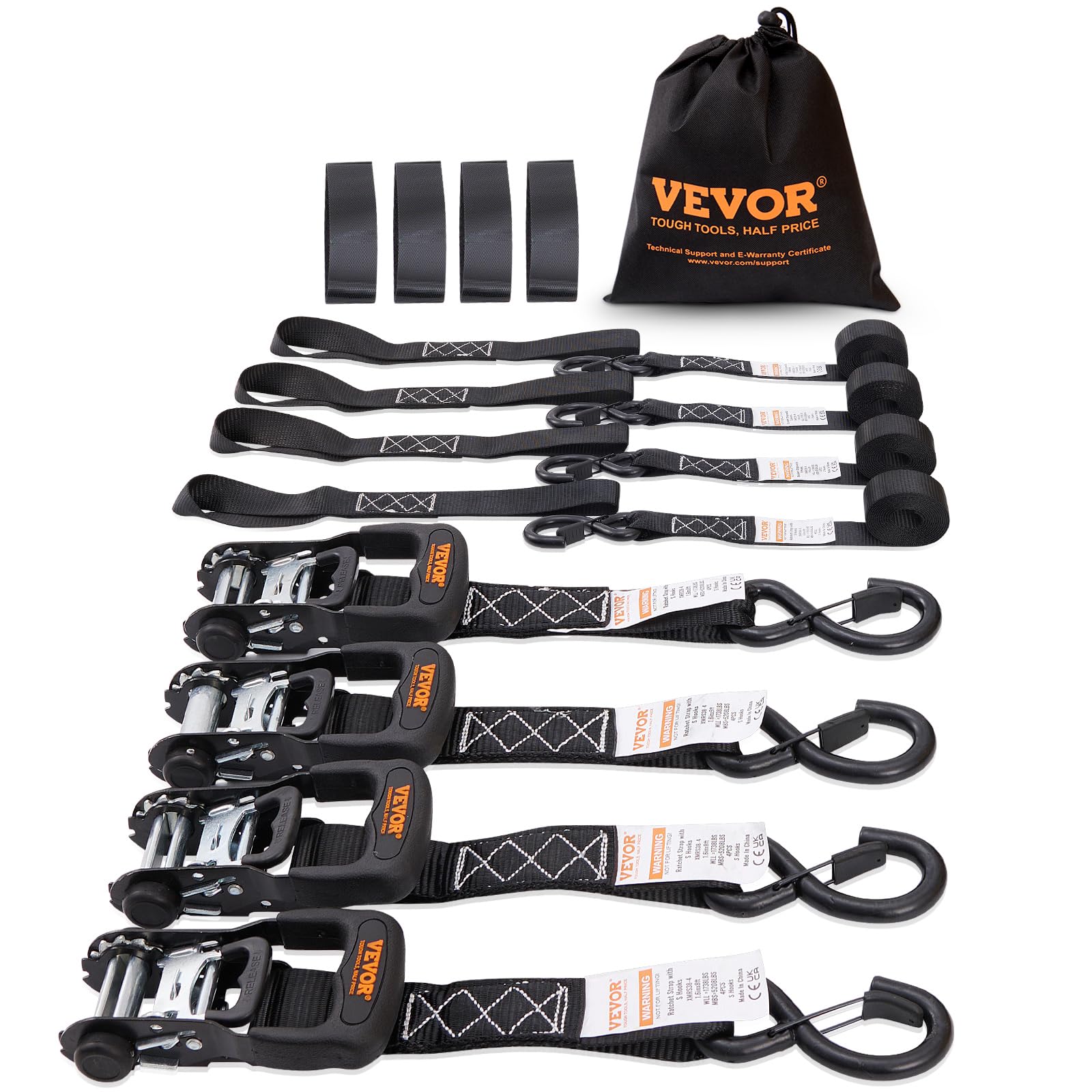 VEVOR Spanngurte mit Ratsche (4 Stück), 2,362 kg maximale Bruchfestigkeit, inklusive 4 hochwertigen 4,1 cm x 2,4 m Spanngurte mit gepolsterten Griffen, zum Verschieben von Ladung, Geräten, von VEVOR