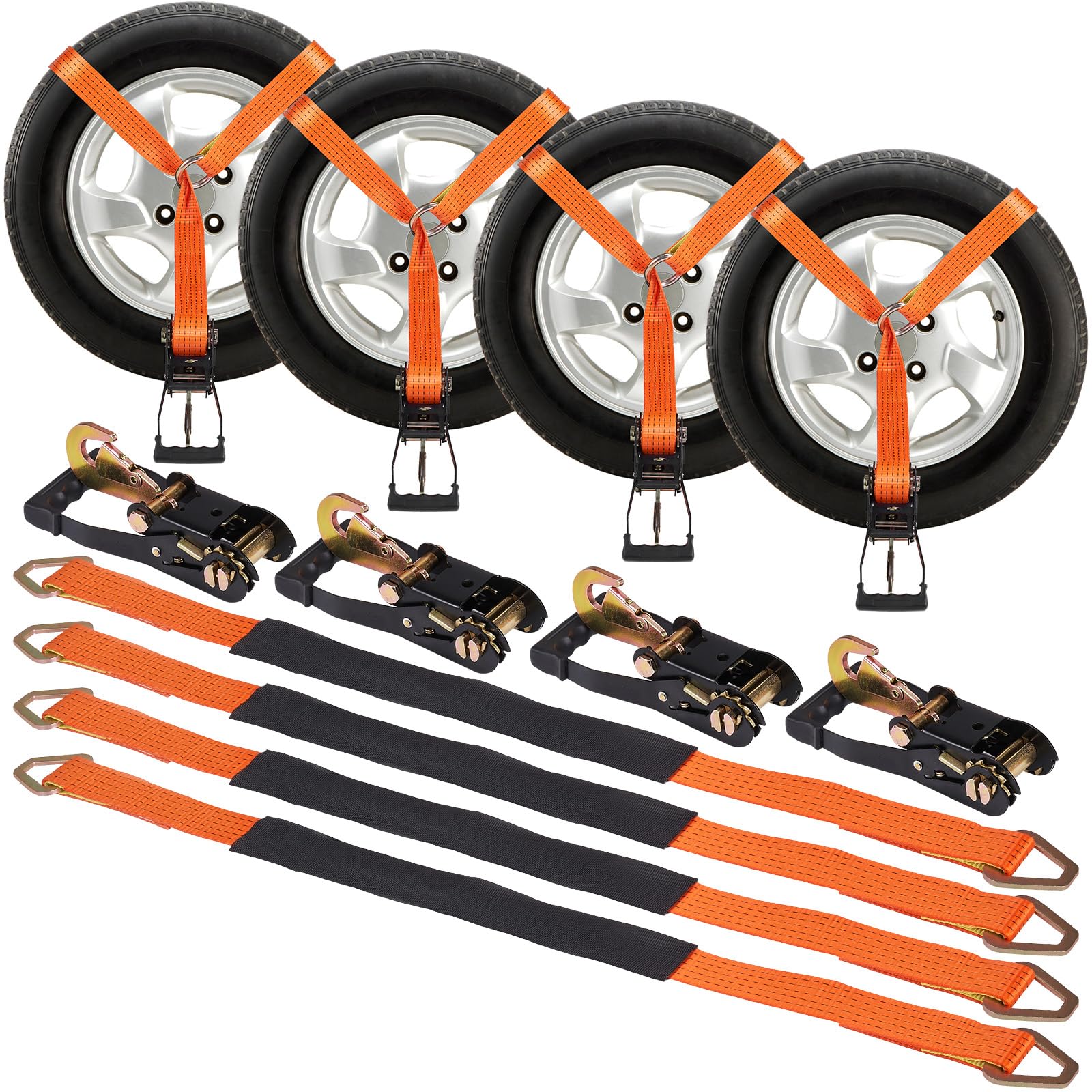 VEVOR Unterlegkeil-Spanngurt-Set, 5,08 x 243,84 cm Spanngurte Autotransport, 4-teiliges Anhänger-Spannsystem 5000 kg Bruchlastkeit, ATVs, UTVs, Anhänger, Unterlegkeil und Spanngurt-Zubehör Orange von VEVOR