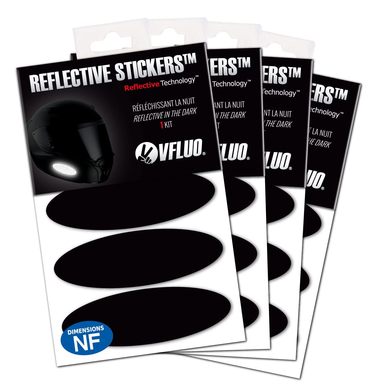 VFLUO - Set 4 Streifen Ovale Sticker Reflektierend Motorradhelm - Selbstklebend In FR zugelassen - 3M™ Technology – Sichtbarkeit – Diskret & Design - Maximaler Halt - Schwarz - 4er Packung von VFLUO
