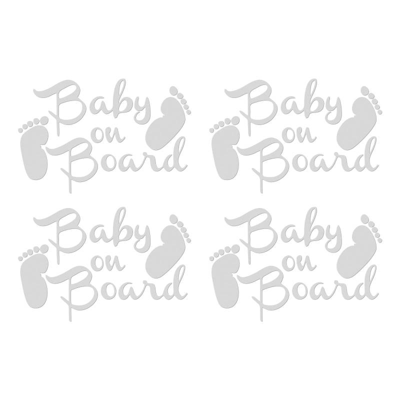 VGOL 4 Stück Baby On Board Englisch Autoaufkleber Wasserdichter Selbstklebender PET Aufkleber Dekoration für Auto Fenster Tür Fahrräder, Weiß von VGOL