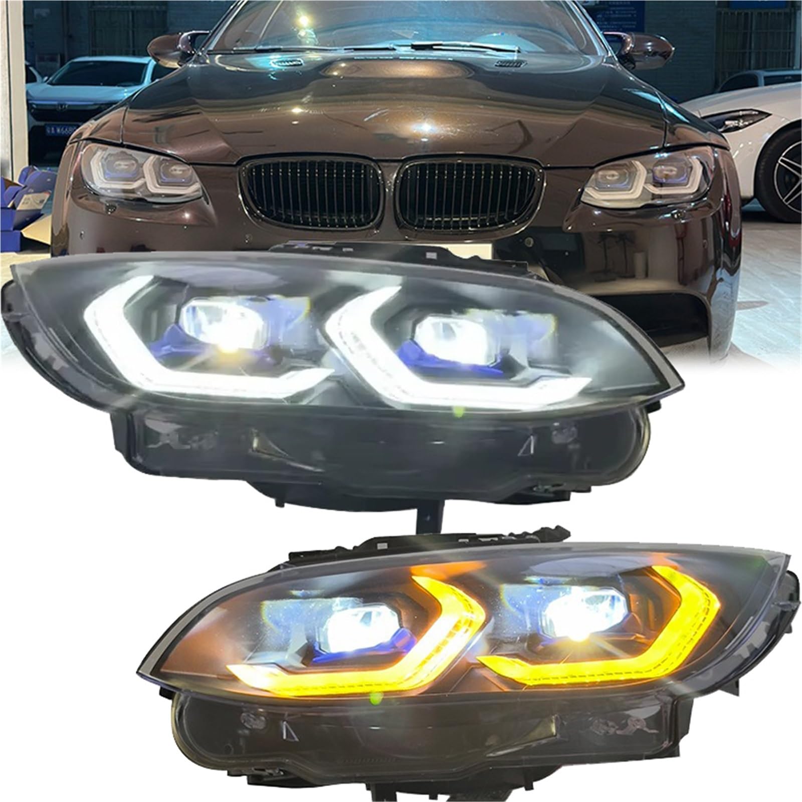 Paar Front-LED-Scheinwerfer, kompatibel mit BMW 3er M3 E92 2006–2012, DRL, bernsteinfarbene Blinker-Scheinwerfer, Styling-Autozubehör(No AFS) von VHRMZJYCN
