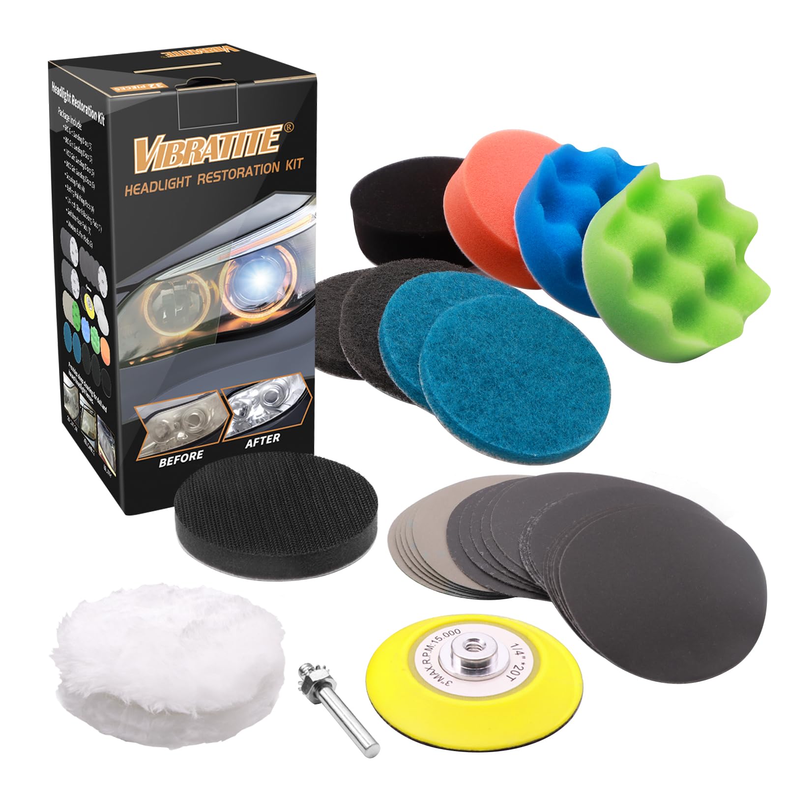 VIBRATITE 32PCS Scheinwerfer Restaurations Set, Polier Kit zur Wiederherstellung Stumpfer Verblasster Scheinwerfer,DIY Headlight Restoration Kit mit Schleifpapier,Polierschwamm, Schleifvlies VIBRATITE 32PCS Scheinwerfer Restaurations Set, Polier Kit zur Wiederherstellung Stumpfer Verblasster Scheinwerfer,DIY Headlight Restoration Kit mit Schleifpapier,Polierschwamm, Schleifvlies von VIBRATITE