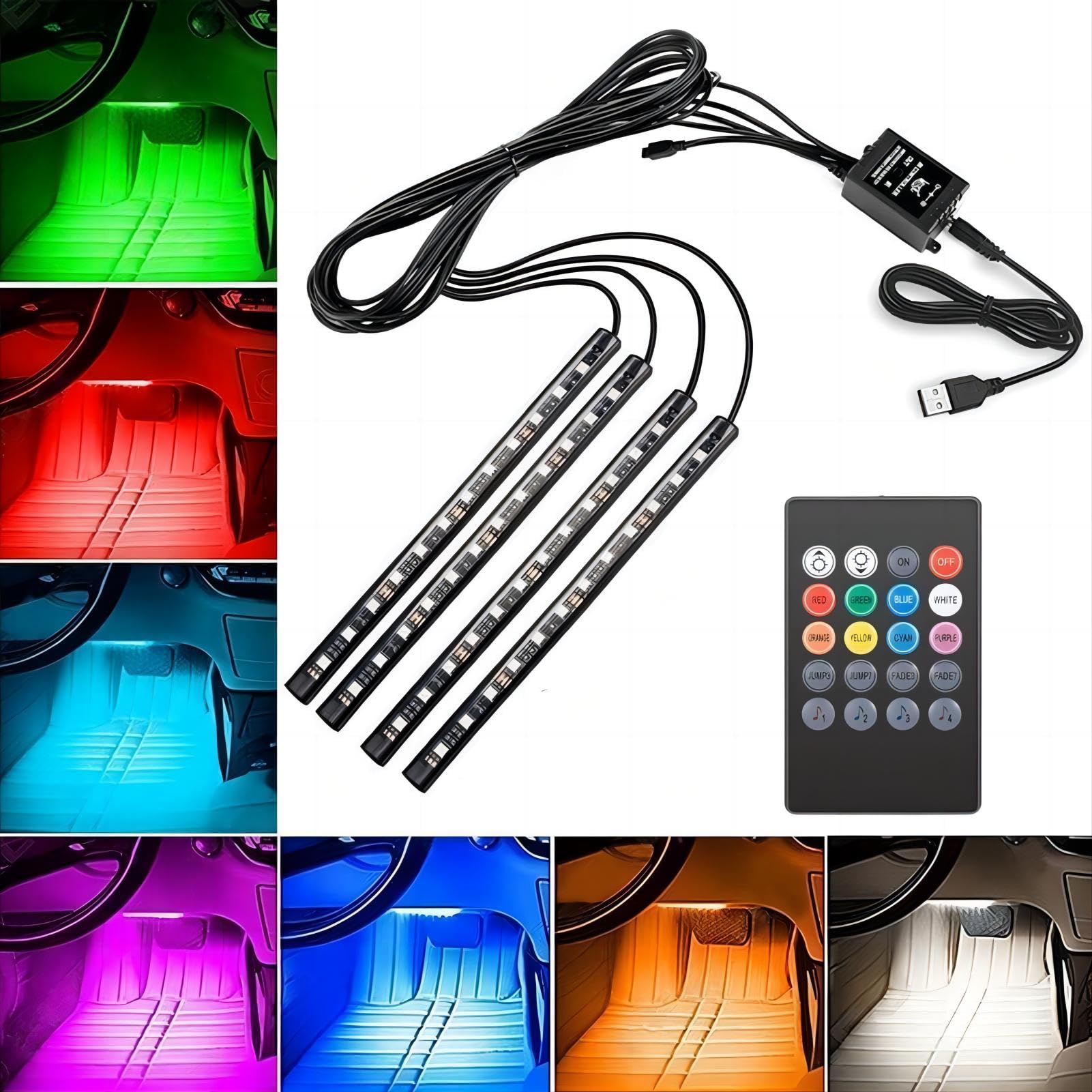 VIFERR Auto LED Innenbeleuchtung 4pcs, Atmosphäre Licht 48 LED-Lichtstreifen mit musikaktivierter Musiksteuerung USB-Port Lichtleiste LED-Musikbeleuchtungs-Kit mit Fernbedienung (12V) von VIFERR
