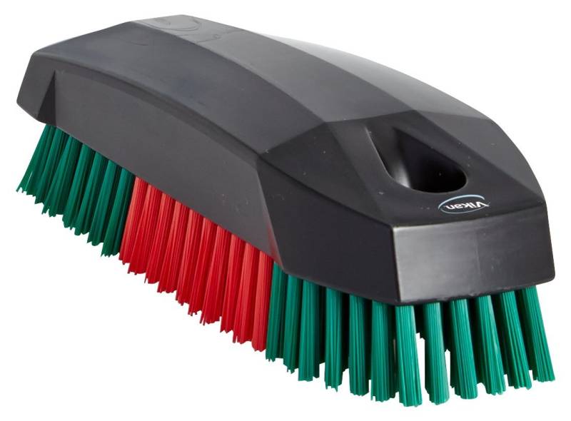 Vikan Nagelbürste hart, kräftige Handwaschbürste für Handwerk und Werkstätten, max. 100°C,115x45 mm, Schwarz, Rot, Grün von Vikan