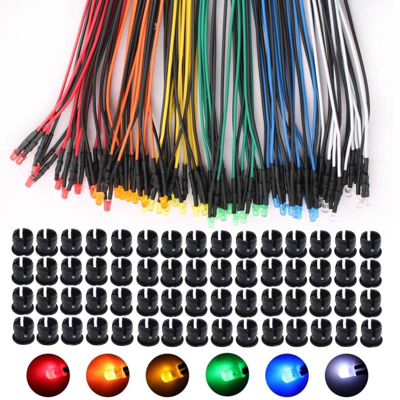 VISSQH 60 Stück 3mm LED diode mit 20cm Kabel,12V Vorverdrahtetes Licht,Vorverdrahtete Mini LED Leuchtdioden,modellbauLED-Dioden Licht+60 x 3mm LED Montageringe Plastik(Rot Gelb Blau Orange Grün Weiß) von VISSQH