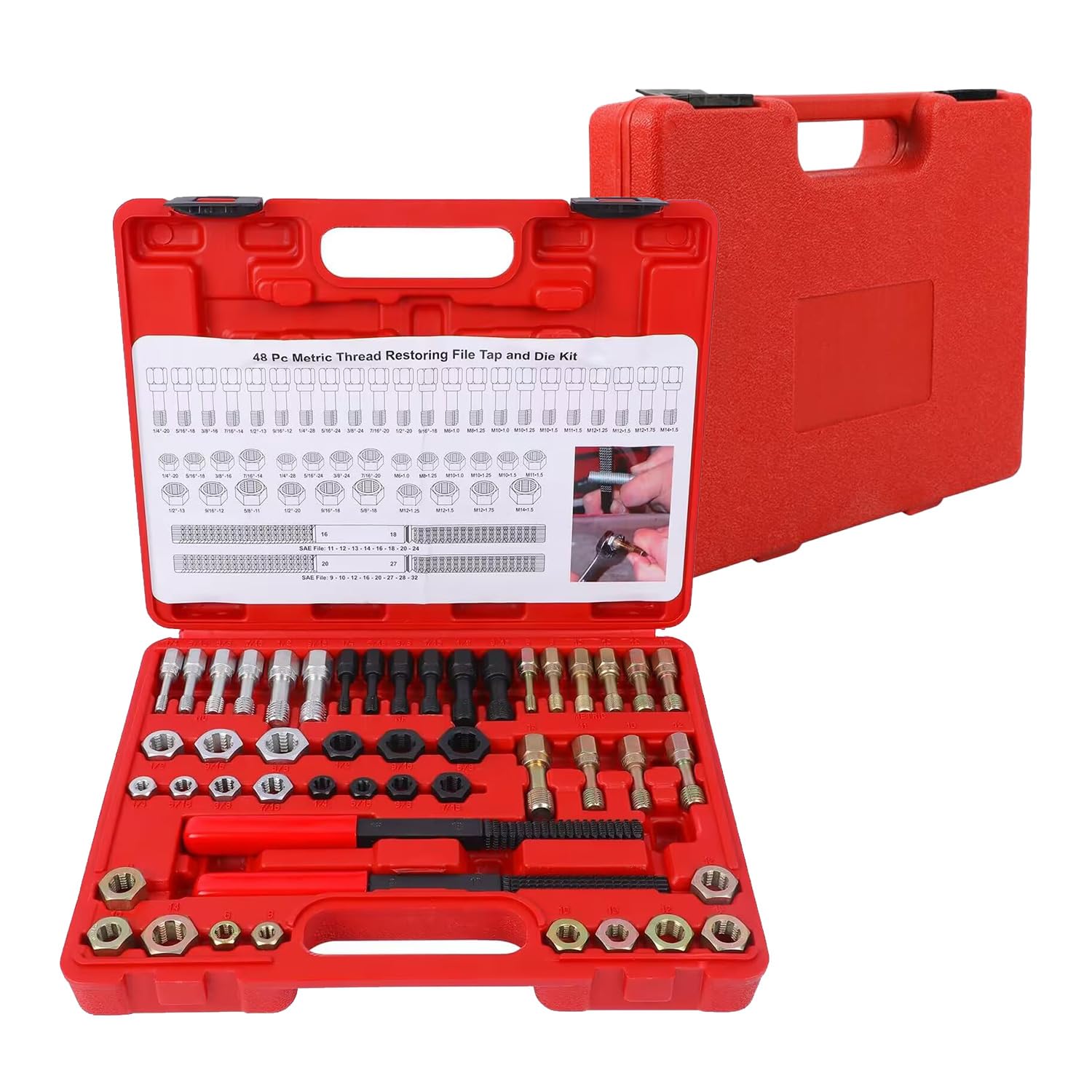 VKALTUL 48-teiliger Metric Thread Chaser, Enthält 24 Gewindebohrer, 22 Gewindebohrer und 2 SAE-Gewindefeilen, Gewindereparatur-Werkzeugsatz (metrisch, UNF und UNC Größen) VKALTUL 48-teiliger Metric Thread Chaser, Enthält 24 Gewindebohrer, 22 Gewindebohrer und 2 SAE-Gewindefeilen, Gewindereparatur-Werkzeugsatz (metrisch, UNF und UNC Größen) von VKALTUL