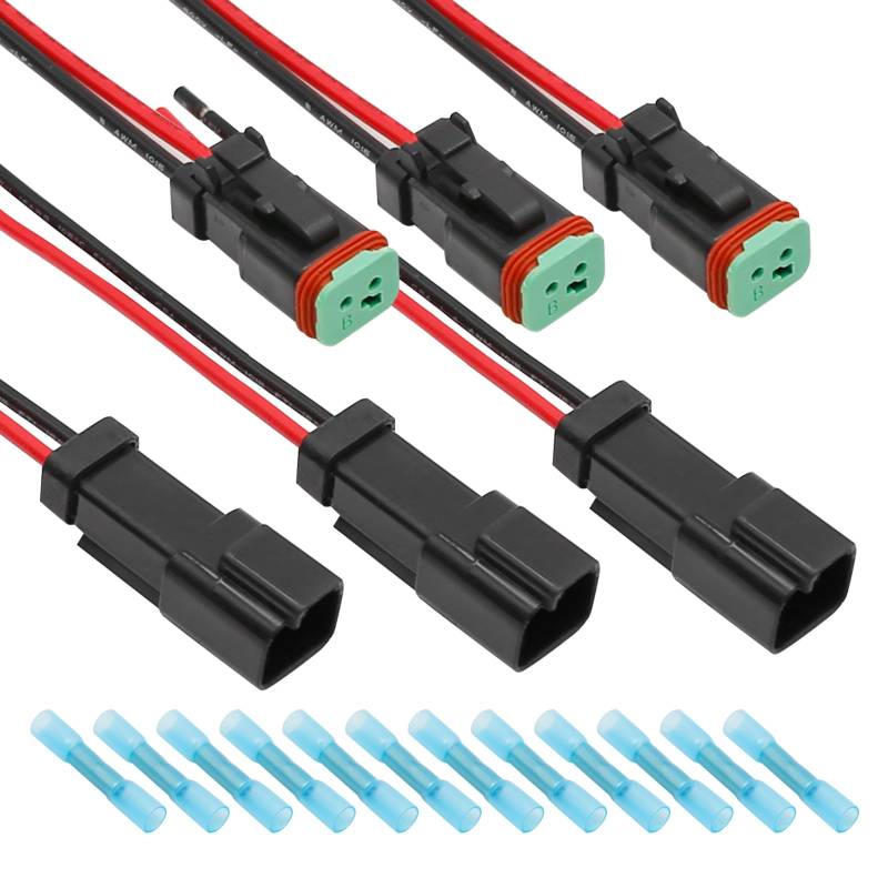 2-poliger DT-Stecker, 3 Kits, 14 AWG männlich weiblich, Drahtverbinder, wasserdichtes Automobil-elektrisches Steckverbinder-Set mit 12 Stoßverbindern, Deutsch Pigtail/Kabelbaum UL 1015 Draht für Auto, von VKinman