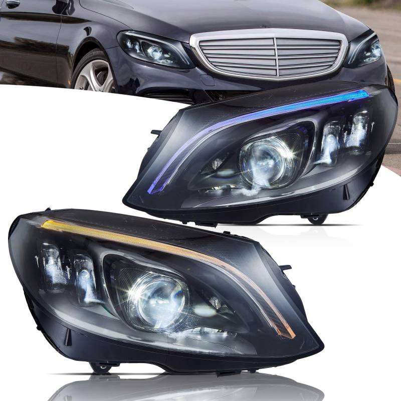 VLAND Scheinwerfer kompatibel für C-Klasse W205 C180 C200 C300 C250 AMG 2015–2020 [Nicht für Halogen], Mit E-Prüfzeichen, Fahrer- und Beifahrerseite von VLAND Motor