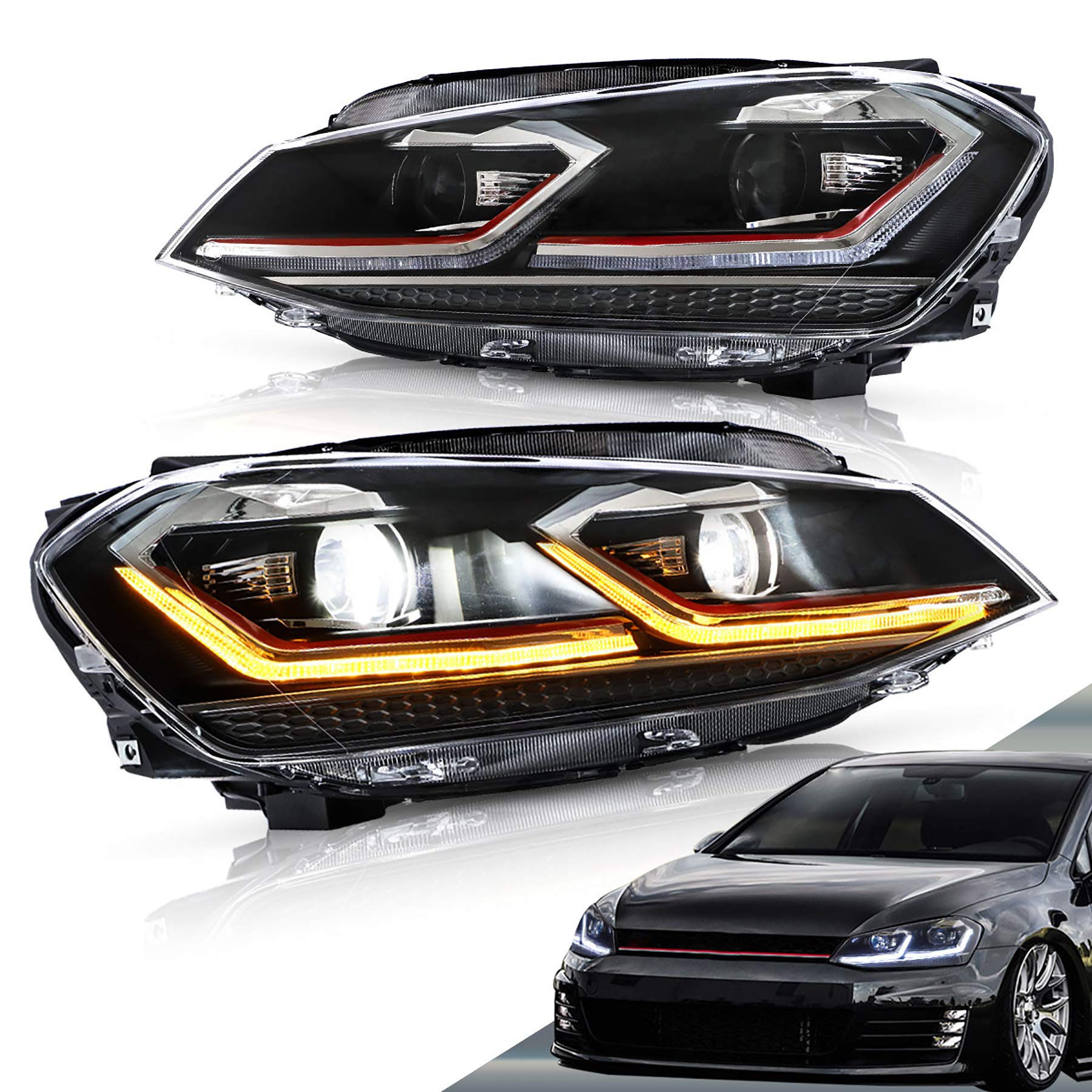 VLAND Scheinwerfer Kompatibel für Golf 7 facelift/Golf 7.5 MK7.5 halogen 2017-2020 (Nicht für Golf MK7/GTI/GTD/R), Mit E-Prüfzeichen,1 Satz (Rot) von VLAND Motor