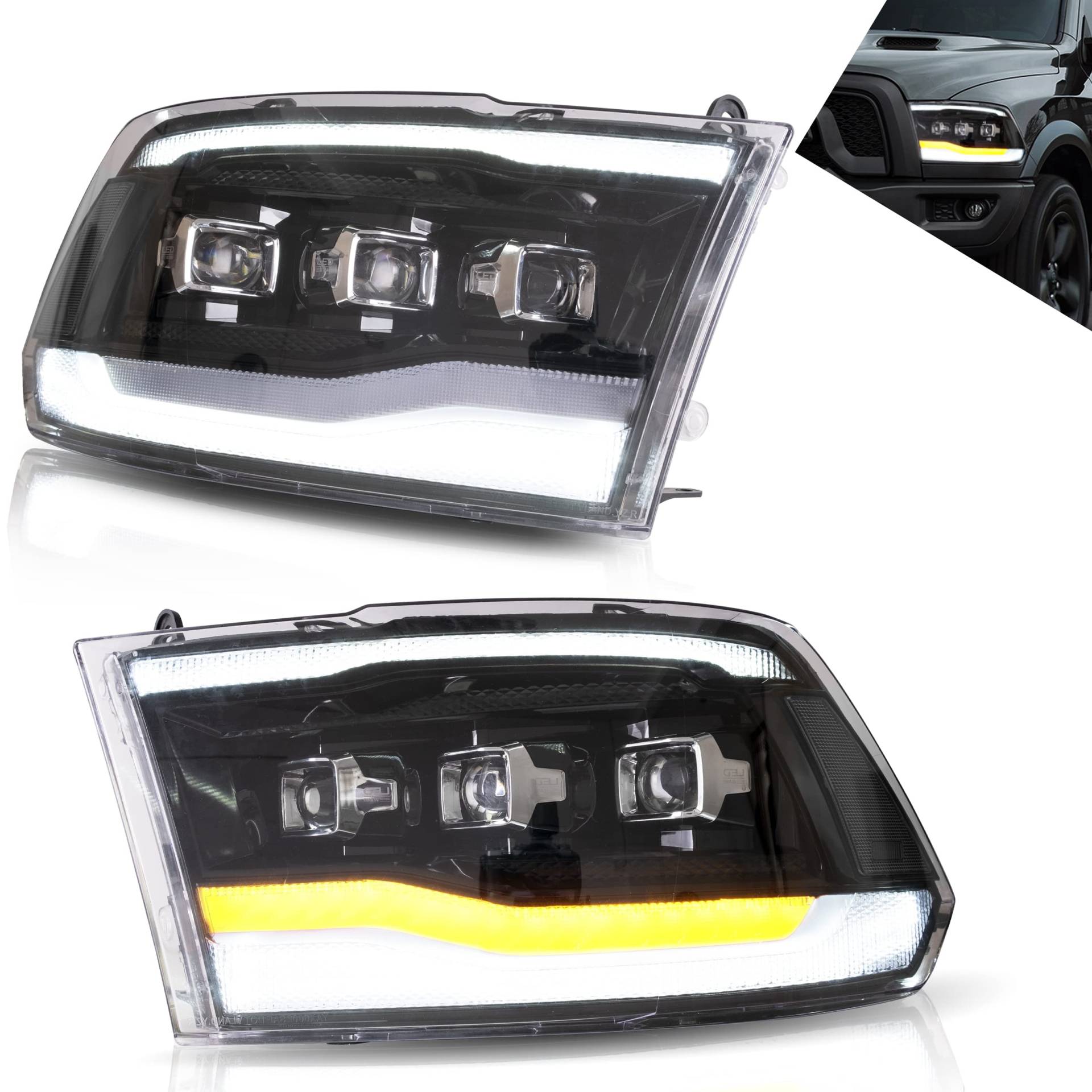 VLAND LED Scheinwerfer passend für RAM 1500/2500/3500 2009-2018 RAM Classic 2019-2021 Scheinwerfer, Projektor/Klar von VLAND