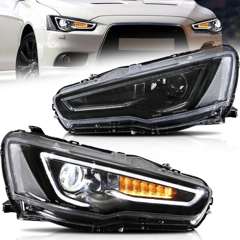 VLAND-Scheinwerfer Kompatibel mit LANCER EVO X 2008-2020 LED-Scheinwerfern mit sequentieller Blinkeranzeige, Voll-LED-Tagfahrlicht, Zweistrahlobjektiv, Schwarz von VLAND