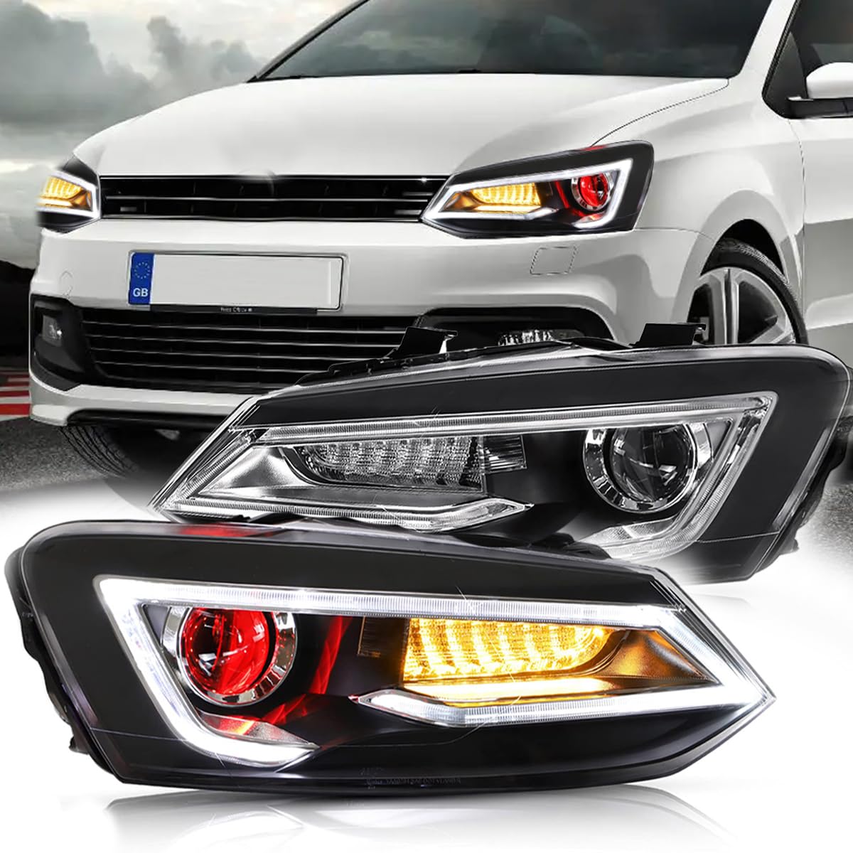 VLAND Scheinwerfer für Polo MK5 6R 6C 2009–2017 (nicht passend für Polo GTI/1.2 TSI/R), DRL-Frontlichter (DEMON EYES) von VLAND