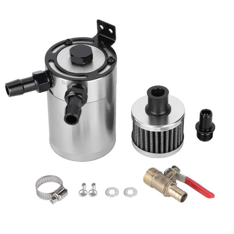 VOBOR Universal Aluminiumbehälter Oil Catch Can Tank,Air Oil Seperator mit 2 Port Zubehörsatz(Silber) von VOBOR