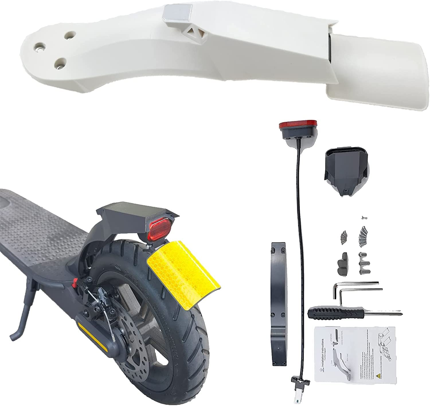 VOLOHAS Hinterradschutzblech-Kit für Mi 3 für Xiaomi M365 / 1S / Pro/Pro 2 Elektroroller-Zubehör, Schutzblech mit LED-Rücklicht-Modifikationskit Ersatzteil (Weiß für MI3/M365/1S) von VOLOHAS