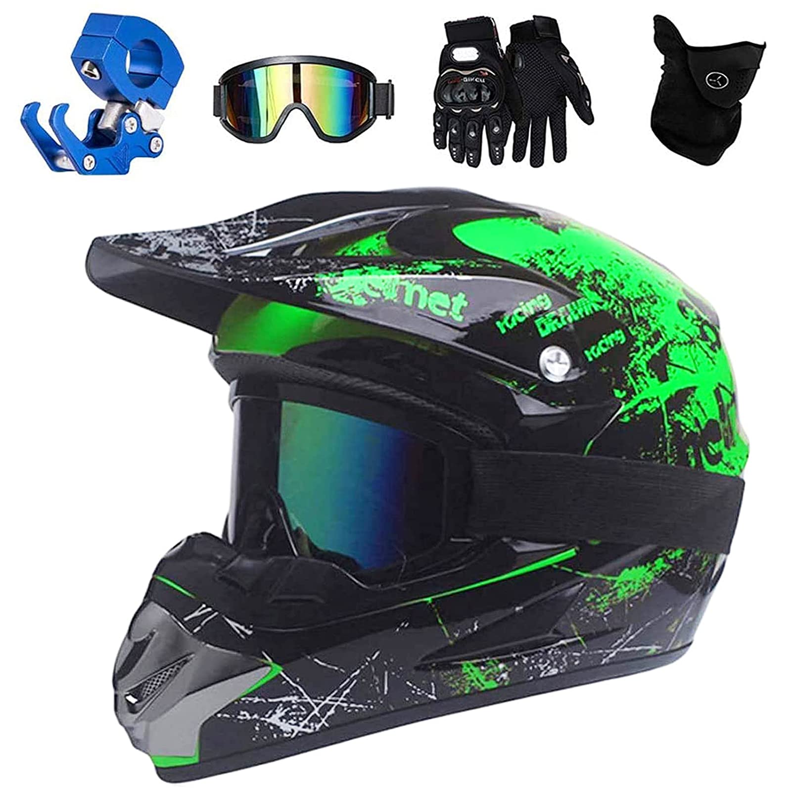 VOMI Enduro Crosshelm Grün, All Terrain Motocross Downhill Helm Zubehör mit Brille Maske Handschuhe Helmhaken Full Face MTB Herren Helm für Mountainbike Moped Bergbuggy Sport Sicherheit,L(56~57CM) von VOMI