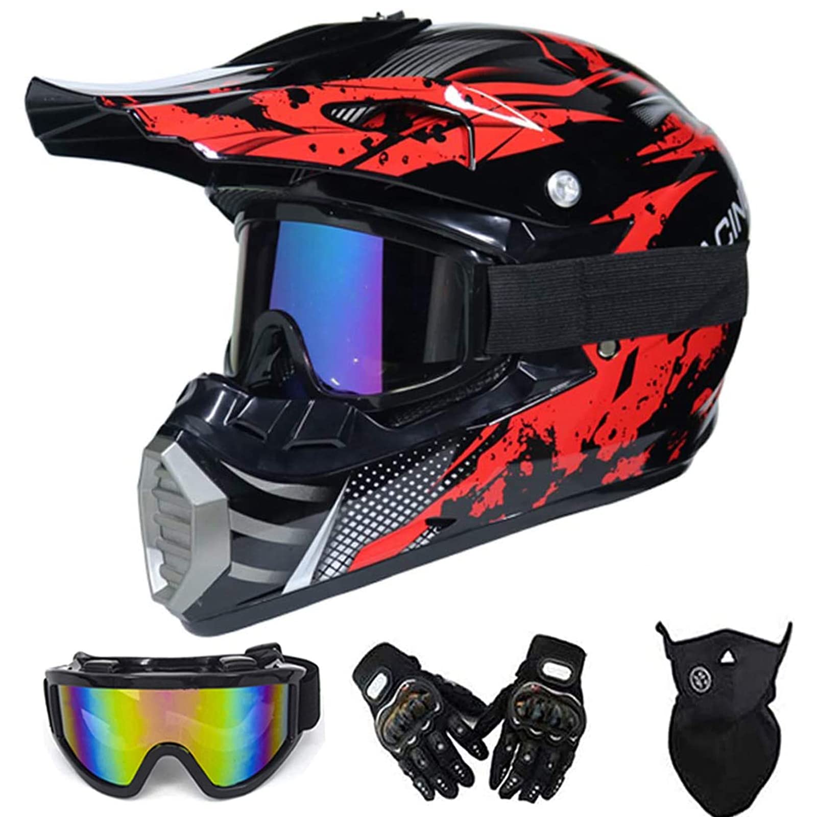 VOMI Kinder Motorradhelm Fullface Helm MTB Rot Kinderhelm Cross Motorrad Motocross Helm Set mit Visier Brille Maske Handschuhe, Motocross Helm Mädchen Crosshelm für Motorbike ATV, L(56~57CM) von VOMI