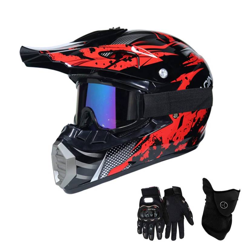 VOMI Motorradhelm Motocross Helm Kinder Rot Schwarz Full face MTB Crosshelm mit Handschuhe Maske Brille, Motorrad Enduro Helm Mountainbike Fahrrad MX Downhill Sports (XL) von VOMI