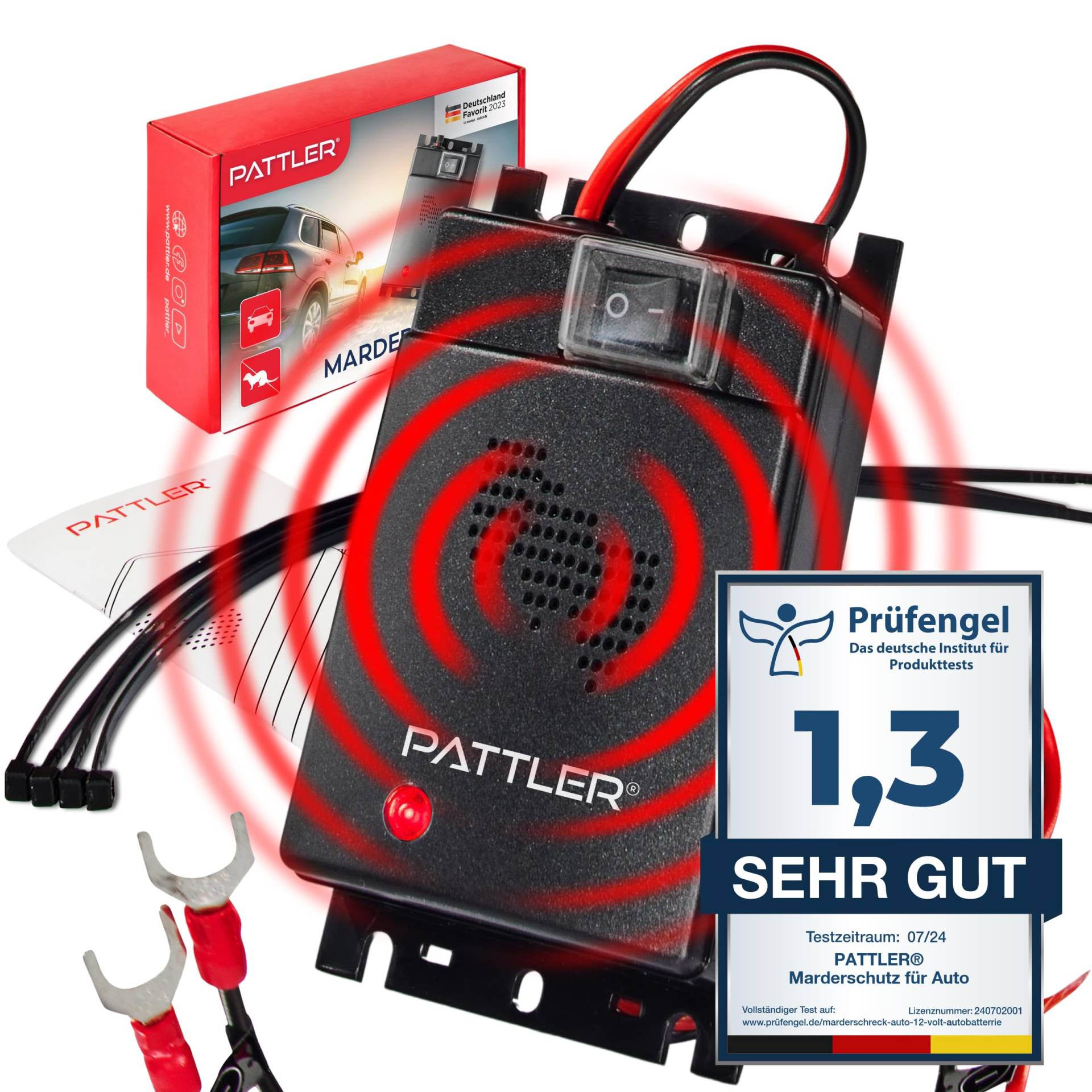 PATTLER® Marderschreck Auto Anschluss an 12V Autobatterie | Effektive Marderabwehr für Auto - mit Ultraschall | Sofortiger & Langfristiger Marderschutz für Auto im Motorraum von PATTLER