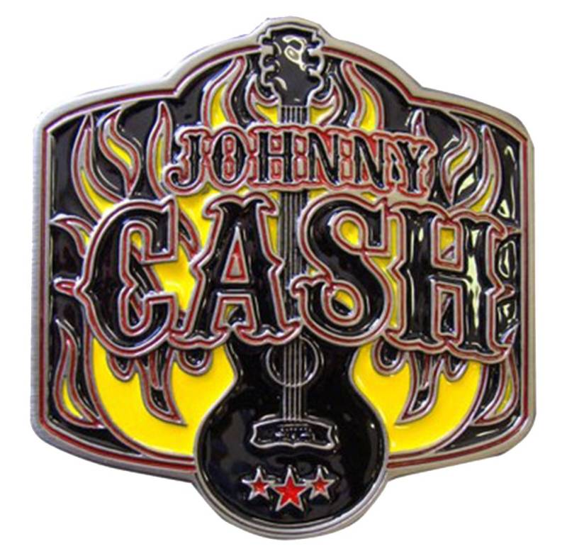 Johnny Cash Gürtelschnalle Gitarre Flammen Buckle für Wechselgürtel Rockabilly von Choppershop