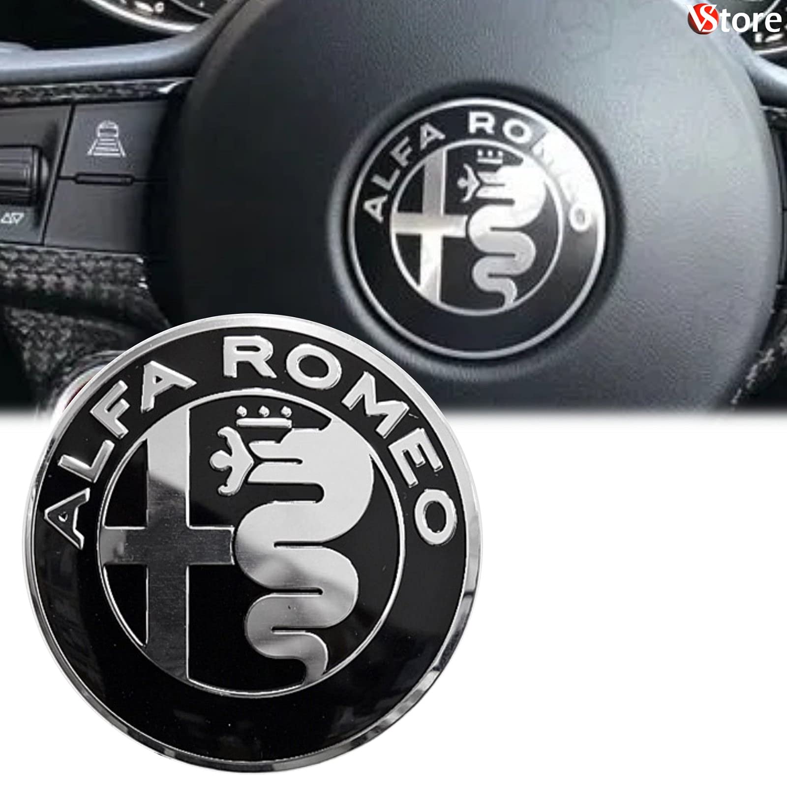 Logo für Lenkrad Emblem für Alfa Romeo Schwarzer schwarzer Spiegel 40mm Giulietta, Mythos, 147, 159, 156, 4C, Brera von VS