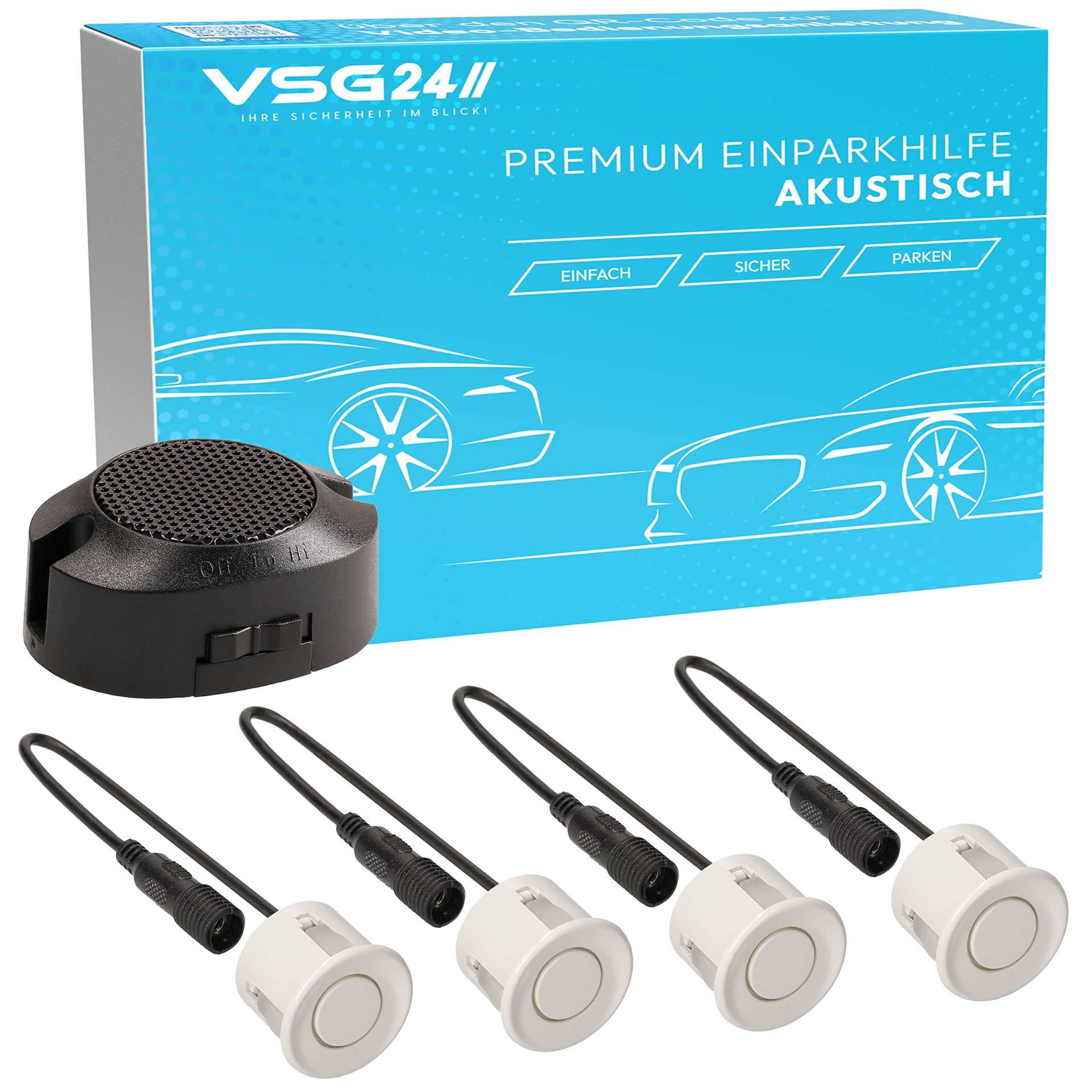 VSG24 Premium Einparkhilfe hinten zum nachrüsten am Auto, PDC Parksensoren hinten mit Stecksystem für einfachste Montage Rückfahrwarner mit Lautsprecher & 4 Sensoren Parkhilfe Nachrüstsatz Weiß von VSG
