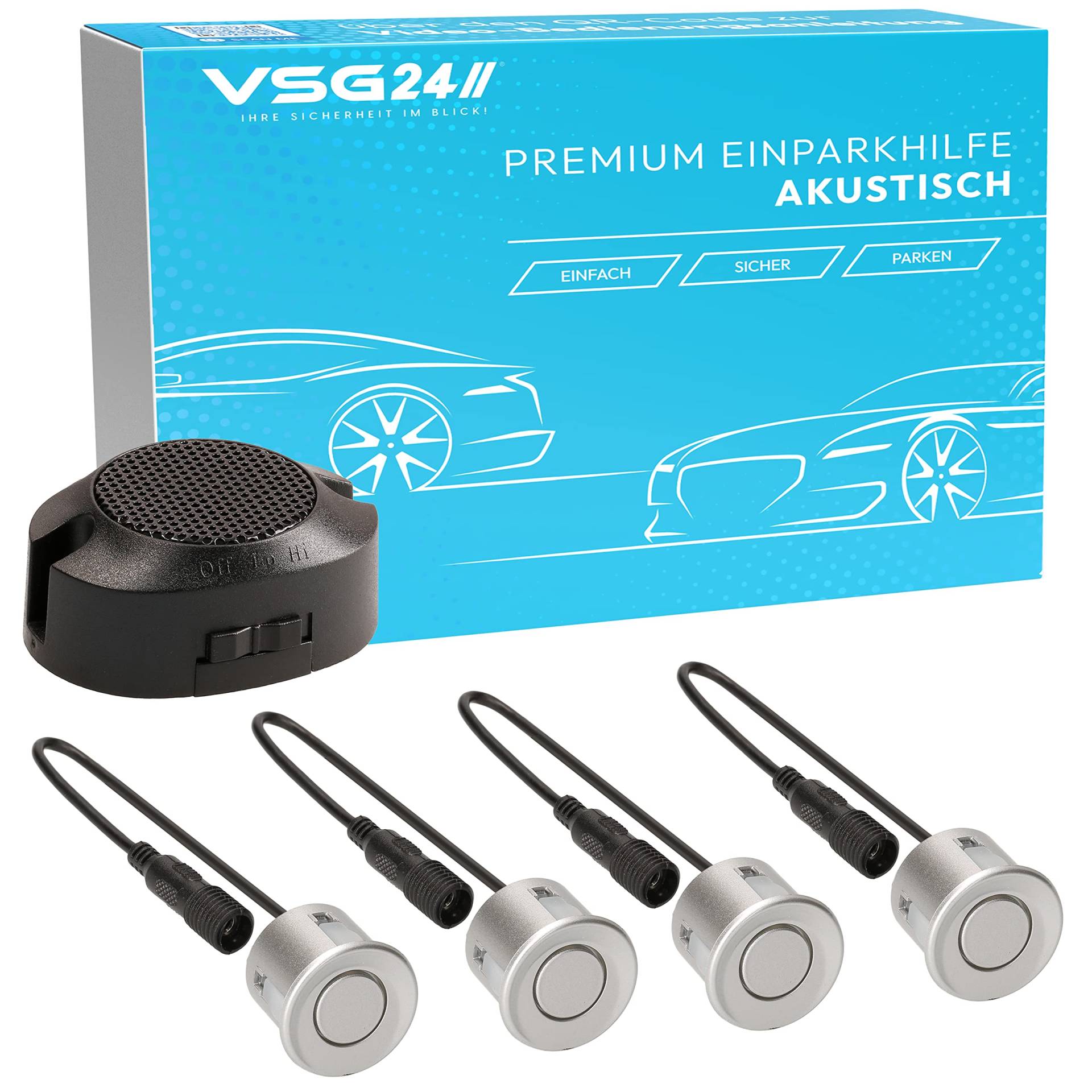 VSG24 Premium Einparkhilfe hinten zum nachrüsten am Auto, PDC Parksensoren hinten mit Stecksystem für einfachste Montage Rückfahrwarner mit Lautsprecher & 4 Sensoren Parkhilfe Nachrüstsatz Silber von VSG