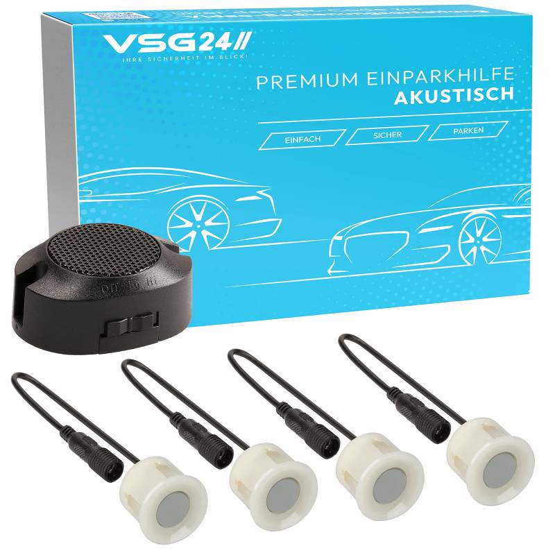 VSG24 Premium Einparkhilfe hinten zum nachrüsten am Auto, PDC Parksensoren hinten mit Stecksystem für einfachste Montage Rückfahrwarner mit Lautsprecher & 4 Sensoren Parkhilfe Nachrüstsatz Unlackiert von VSG