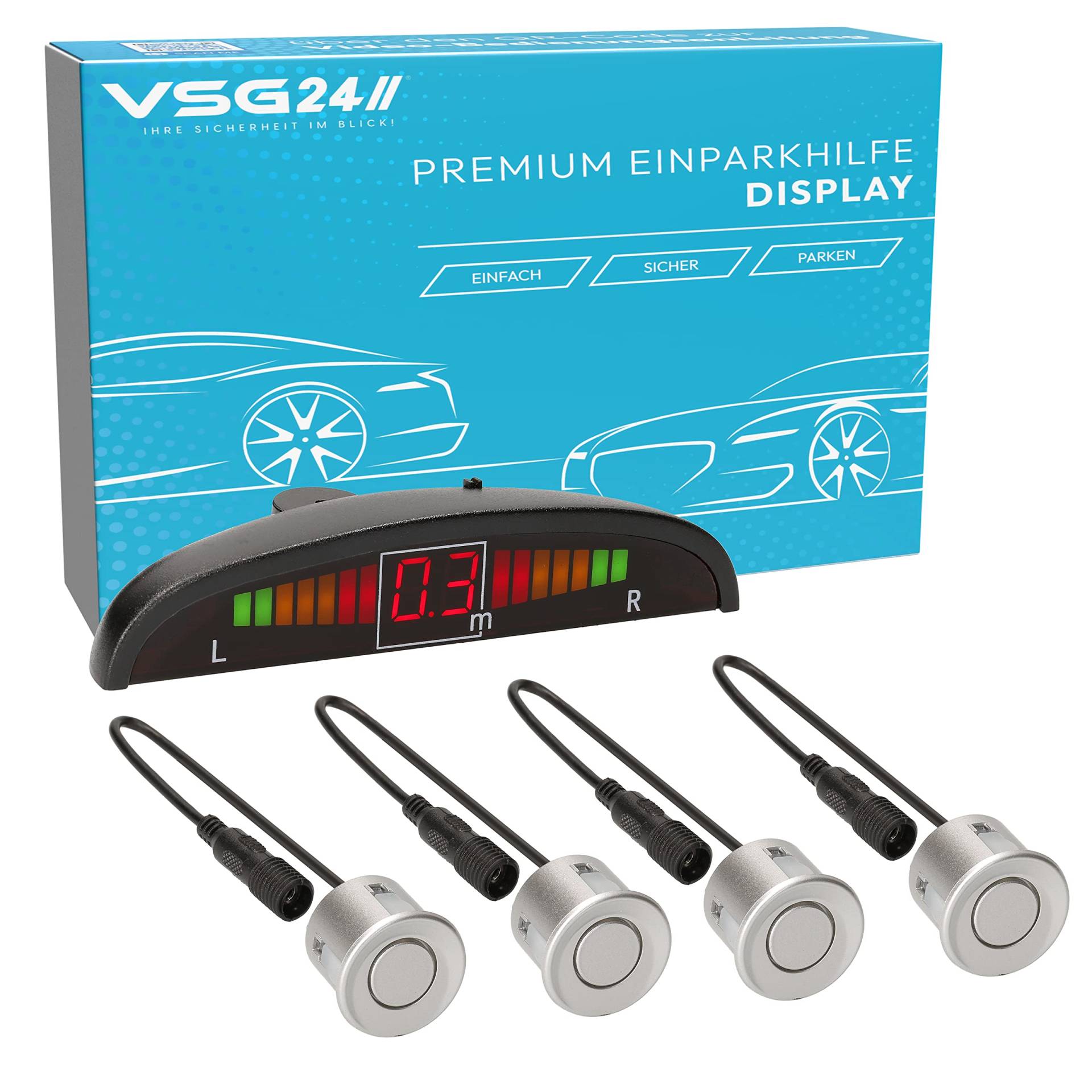 VSG24 Premium Einparkhilfe hinten mit Display zum nachrüsten am Auto, PDC Parksensoren hinten mit Stecksystem für einfachste Montage - 4 Rückfahrwarner Sensoren Parkhilfe Nachrüstsatz Silber von VSG