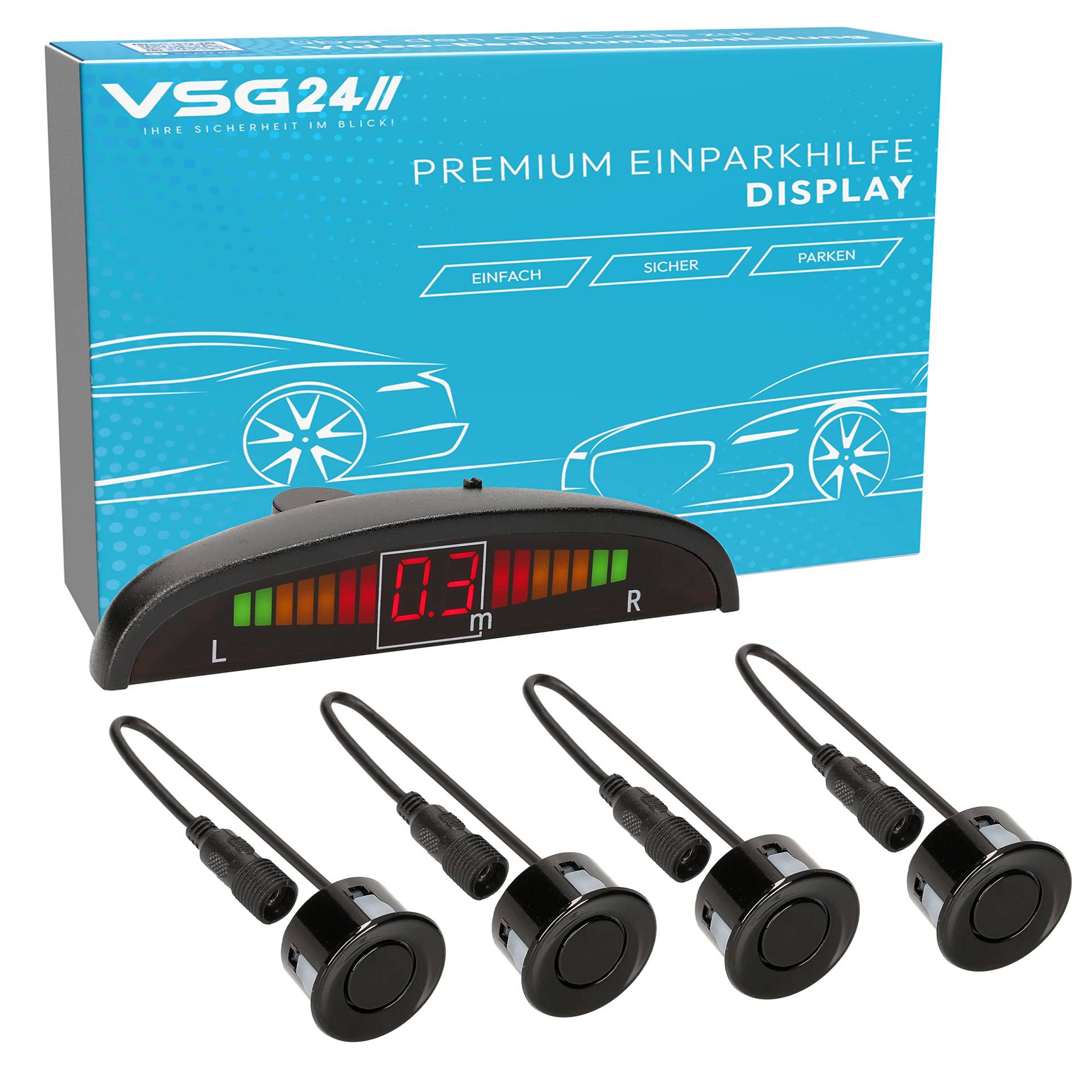 VSG24 Premium Einparkhilfe hinten mit Display zum nachrüsten am Auto, PDC Parksensoren hinten mit Stecksystem für einfachste Montage - 4 Rückfahrwarner Sensoren Parkhilfe Nachrüstsatz Schwarz von VSG